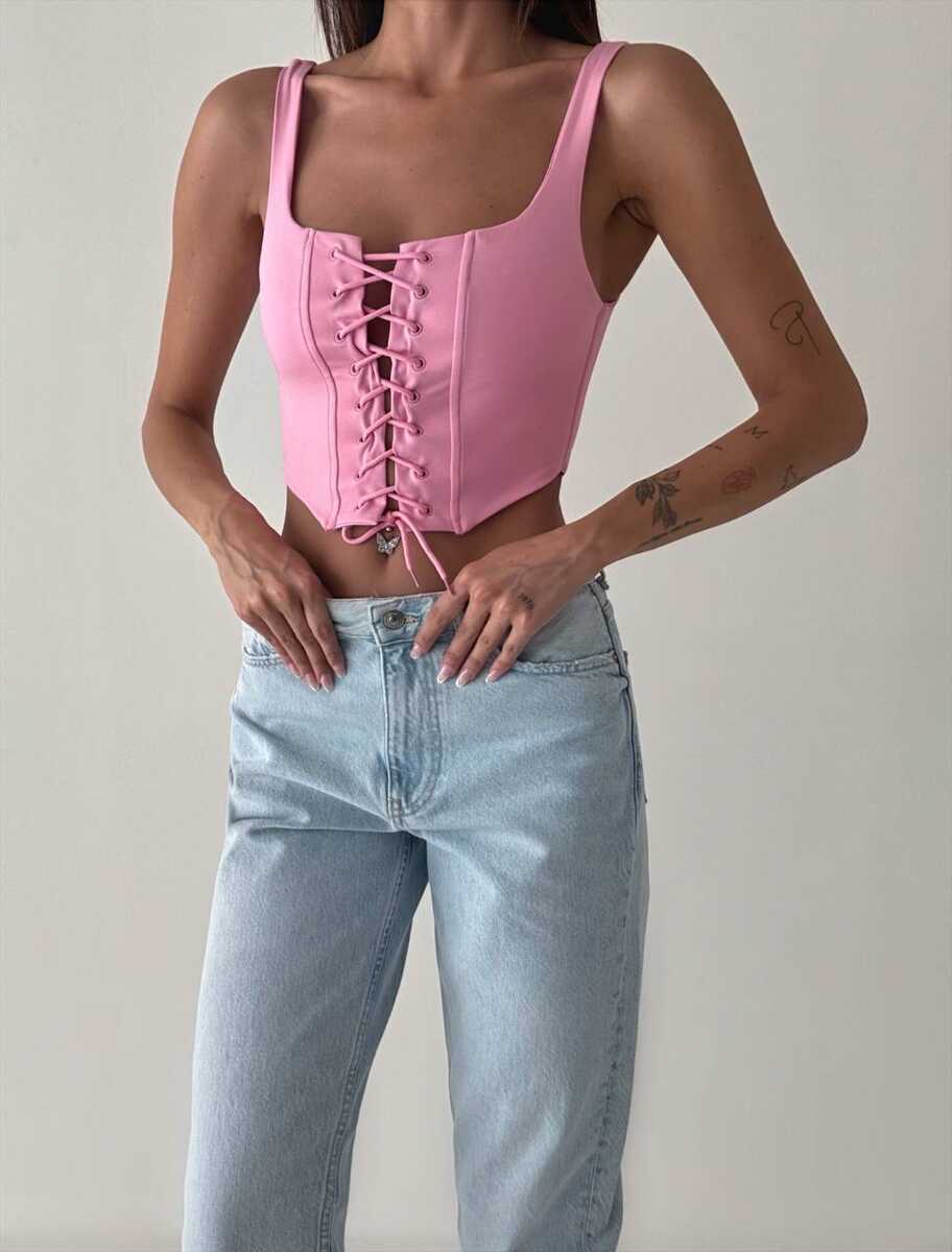 TAYT VEGAS - İP DETAYLI ASKILI CROP PEMBE