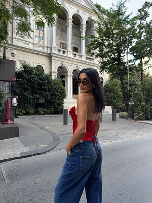 SATEN ÇİÇEKLİ BUSTIER KIRMIZI - Thumbnail