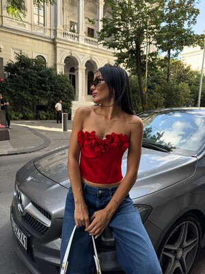 SATEN ÇİÇEKLİ BUSTIER KIRMIZI - Thumbnail