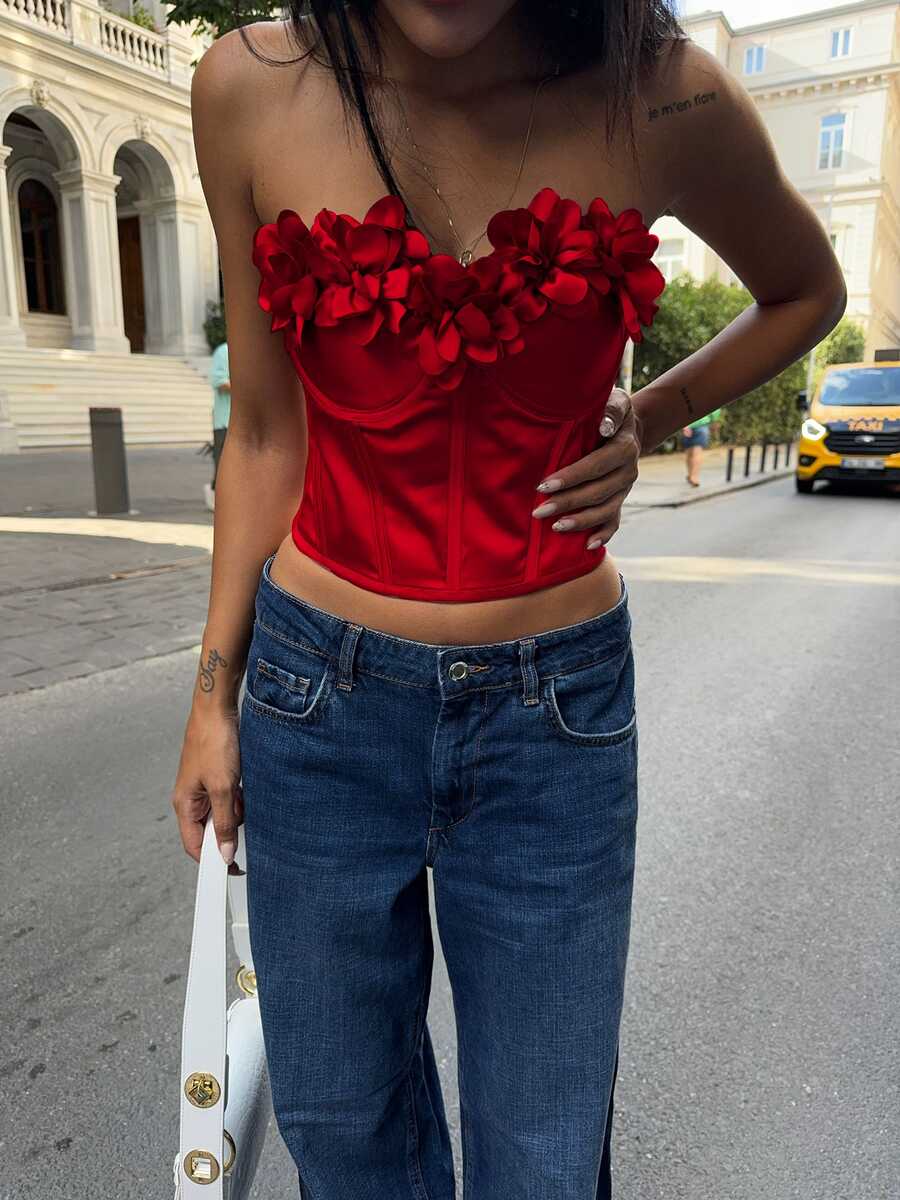 TAYT VEGAS - SATEN ÇİÇEKLİ BUSTIER KIRMIZI